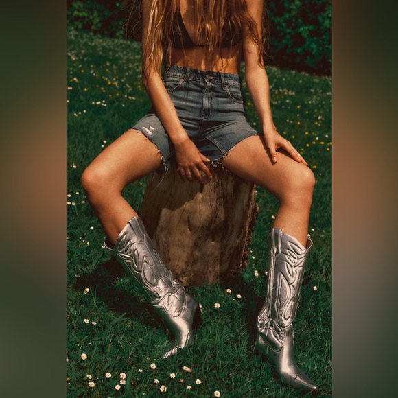 Zara Cowboy Boots Mid Calf Metallic Silver Western Boots - Picture 6 of 9